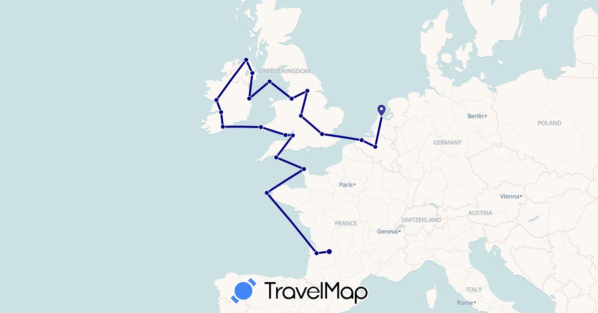 TravelMap itinerary: driving in Belgium, France, United Kingdom, Ireland, Isle of Man, Netherlands (Europe)